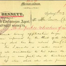 Letter: G.M. Bennett, Wholesale Fruiterer & Commission Agent, George St. Markets, after being given 