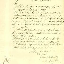 Memorandum: Geo. D. Ross, George St. Markets, resigns his position as Assistant Clerk of Markets.