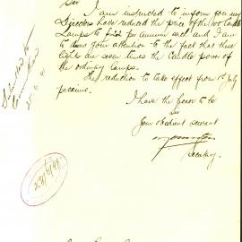 Letter: Secretary Aust Gas Light Coy to TC. I am instructed to inform you my Directors have reduced the 