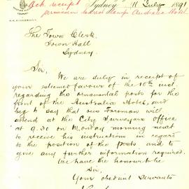 Letter - Ornamental posts for the Australia Hotel, Castlereagh Street Sydney, 1891