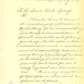 Memorandum: Inspector of Nuisances enclosing letter from John Barry, Warrant officer, to Mayor. Apply for 