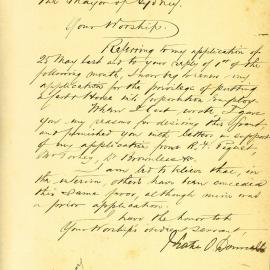 Letter: Kate O'Donnell, 40 Albion Street, renewing her application to place a horse and cart in 