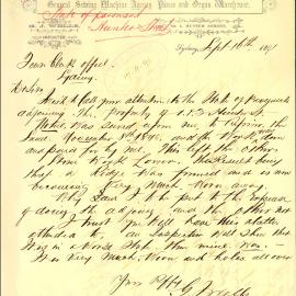 Letter - J. Wells of General Sewing Machine Agency complains of footpath, Hunter Street Sydney, 1891