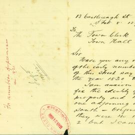 Letter - Request for information on early numbering of Castlereagh Street, 1892
