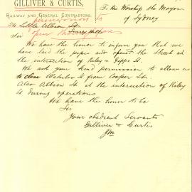 Letter: Gilliver & Curtis requesting permission to close Waterloo Street from Cooper Streeet and 
