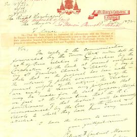 Letter: Cardinal Moran, St Mary's Cathedral, advising that they are willing to consider proposals 