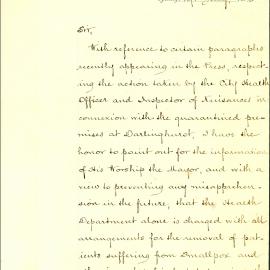 Letter – Health Department removal of smallpox patients, quarantine and disinfection, 1892