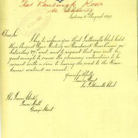Letter: Tattersalls Club requesting watering of the road to the Randwick Race Course on the 