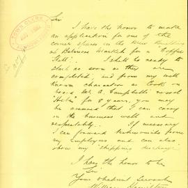 Letter: William Hamilton, Hodges Bldgs, Sussex & Liverpool Sts to Mayor. Apply for a corner space 