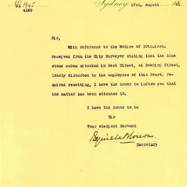 Letter: Reginald Bloxsome, Sect'y, Metropolitan Board of Water Supply and Sewerage to TC. With 