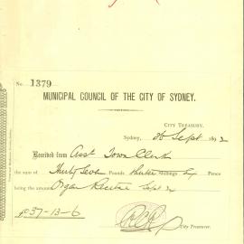 Memorandum: City Treasurer. Receives a receipt from the Town Clerk for £37.13.6p for an organ recital for 