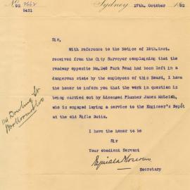 Letter: Reginald Bloxsome, Metropolitan Board of Water Supply and Sewerage, Sydney. Advises that 