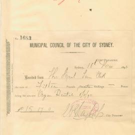 Memorandum: City Treasurer. Receipt for £15.17.0 received from the Asst Town Clerk for organ recital 8th 