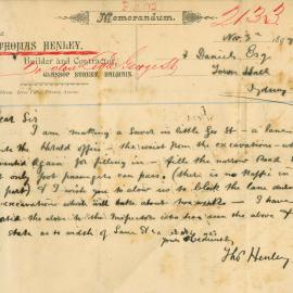 Letter: Thomas Henley, Builder and contractor, Glassop Street, Balmain. He is making a sewer in 