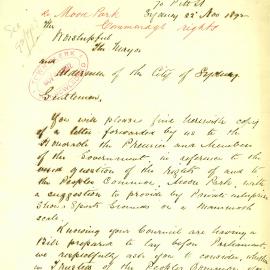 Letter - Request to consider ground at Kensington for use by Agricultural and other societies, 1892