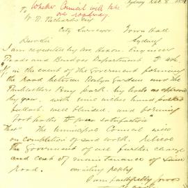Letter - Responsibility for roadway between Roslyn Gardens and Rushcutters Bay Park, 1891