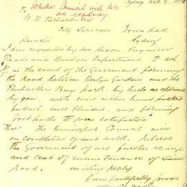 Letter - Responsibility for roadway between Roslyn Gardens and Rushcutters Bay Park, 1891