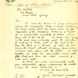 Letter - Complaint about Rowe Street due to ashes from Australia Hotel, 1892