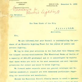 Letter: Allgemeine Elektricitats-Gesellschaft, Berlin promoting their electric lighting system, 1893