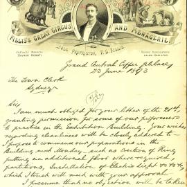 Letter - Response to permission for circus to practice in exhibition hall, 1893