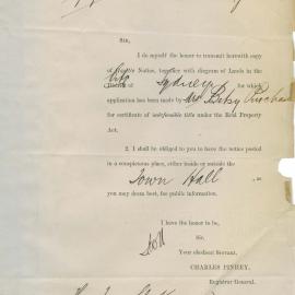 Letter: Charles Pinhey, Registrar General, Lands Titles Office, providing a claim for indefeasible 