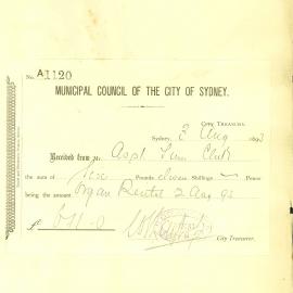 Memorandum: City Treasurer forwarding the receipt for £6/11/- for the Organ Recital of 2nd August, 1893.