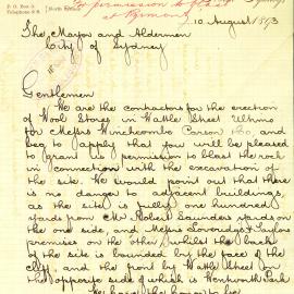 Letter: Eaton Bros, Builders & Contractors, Berry Street, North Sydney, applying for permission to 