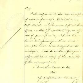 Letter - Results from water samples, Natatorium, Pitt Street Haymarket, 1893