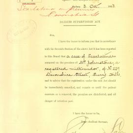 Letter - Board of Health Secretary Edmund Sager informing of case of scarlet fever, 1893
