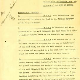 Petition - Residents request flower beds and notices preventing games at Elizabeth Bay Reserve, 1893