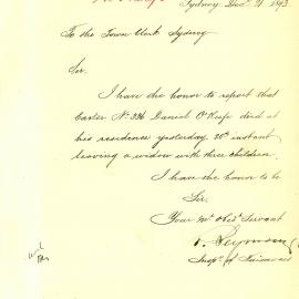 Memorandum: R. Seymour, Inspector of Nuisances, reporting that carter No. 336 Daniel O'Keefe died at his 
