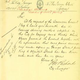 Memorandum: R W Richards, City Surveyor. At the request of the American Consul, he supplies 6 tracings 