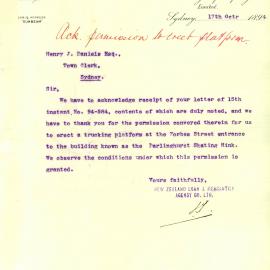 Letter - Permission to erect platform at Darlinghurst Skating Rink, 1894