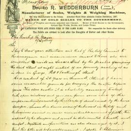 Letter: Robert Wedderburn, Manufacturer of Scales, Weights & Weighing Machines 226 Sussex Street, 