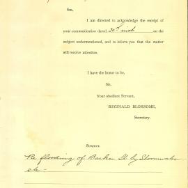 Letter: Metropolitan Board of Water Supply and Sewerage, acknowledging letter re flooding of Barker 
