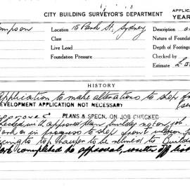Building Inspectors Card: 15 Park St, Sydney. Application to make alterations to shop front etc. 1 