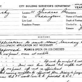 Building Inspectors Card: 111 Windsor St, Paddington. Application to erect, laundry & W.C. 1 Card. 