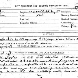 Building Inspectors Card: 3-5-7-9-11 Elizabeth Bay Road. Flat. Application to cut openings 1st & 