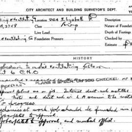 Building Inspectors Card: 264 Elizabeth St. Shop. Application to instal ventilating system. 1 card.
