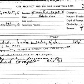 Building Inspectors Card: 137 King St & 152 Pitt St. Retail Store. Application to instal 