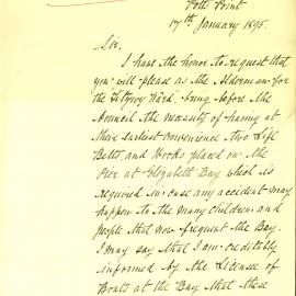 Letter - Request life saving equipment and seating be installed on the pier at Elizabeth Bay, 1895