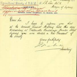 Letter  - Appointment of Mayor as Vice President, Royal Agricultural Society (RAS), 1895