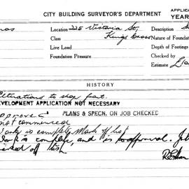 Building Inspectors Card: 225 Victoria St, Kings Cross. Alterations to shop front, development 