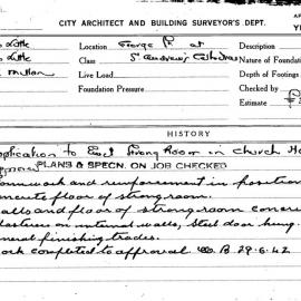 Building Inspectors Card: George St at St Andrews Cathedral. Application to erect strong room in 