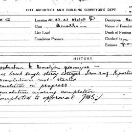 Building Inspectors Card: 41, 43, 45 Mallet St. Demolition. Application to demolish premises. 1 