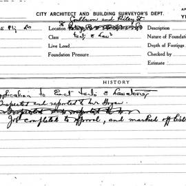 Building Inspectors Card: c/o Goulburn & Riley St. Tents & lavs. Application to erect tents & 