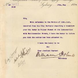 Letter: Metropolitan Board of Water Supply & Sewerage advising that the necessary repairs have been 
