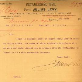 Letter: - Complaint of noise from an engine at Angel Place, 1895