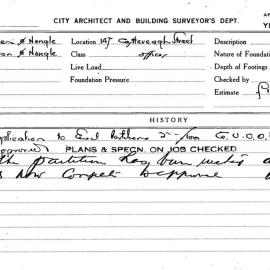 Building Inspectors Card: 147 Castlereagh St. Offices. Application to Erect Partitions 2nd Floor. 