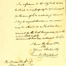 Letter: I. J. Wilshire, 70 Hunter Street. Requests a concession on the sum of £10 including arrears 